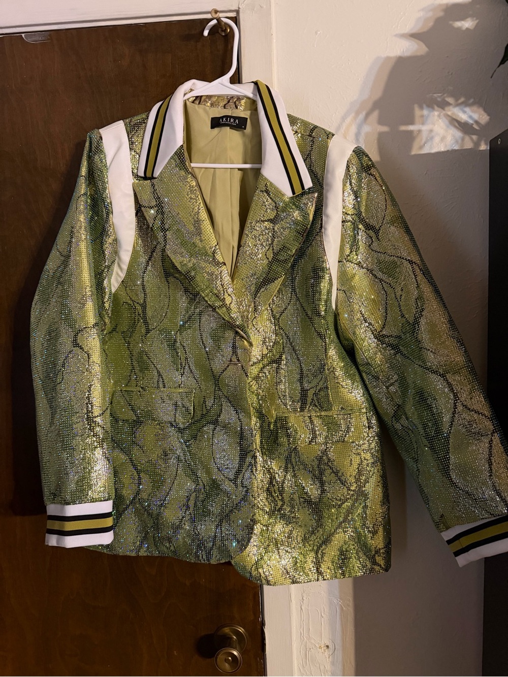 AKIRA Shimmering Lime Green Metallic Blazer with White Accents